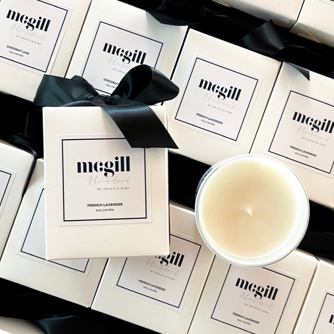 Luxury 200g branded soy candles for McGill Hinterland, featuring French Lavender scent and black ribbon. Perfect for property styling or gifting.