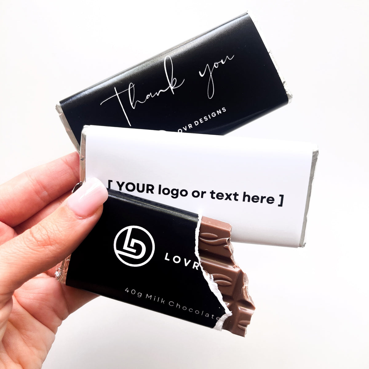 Custom chocolate bars with logo or thank-you message by Lovr Designs β premium 40g chocolates tailored for business branding or corporate gifting.