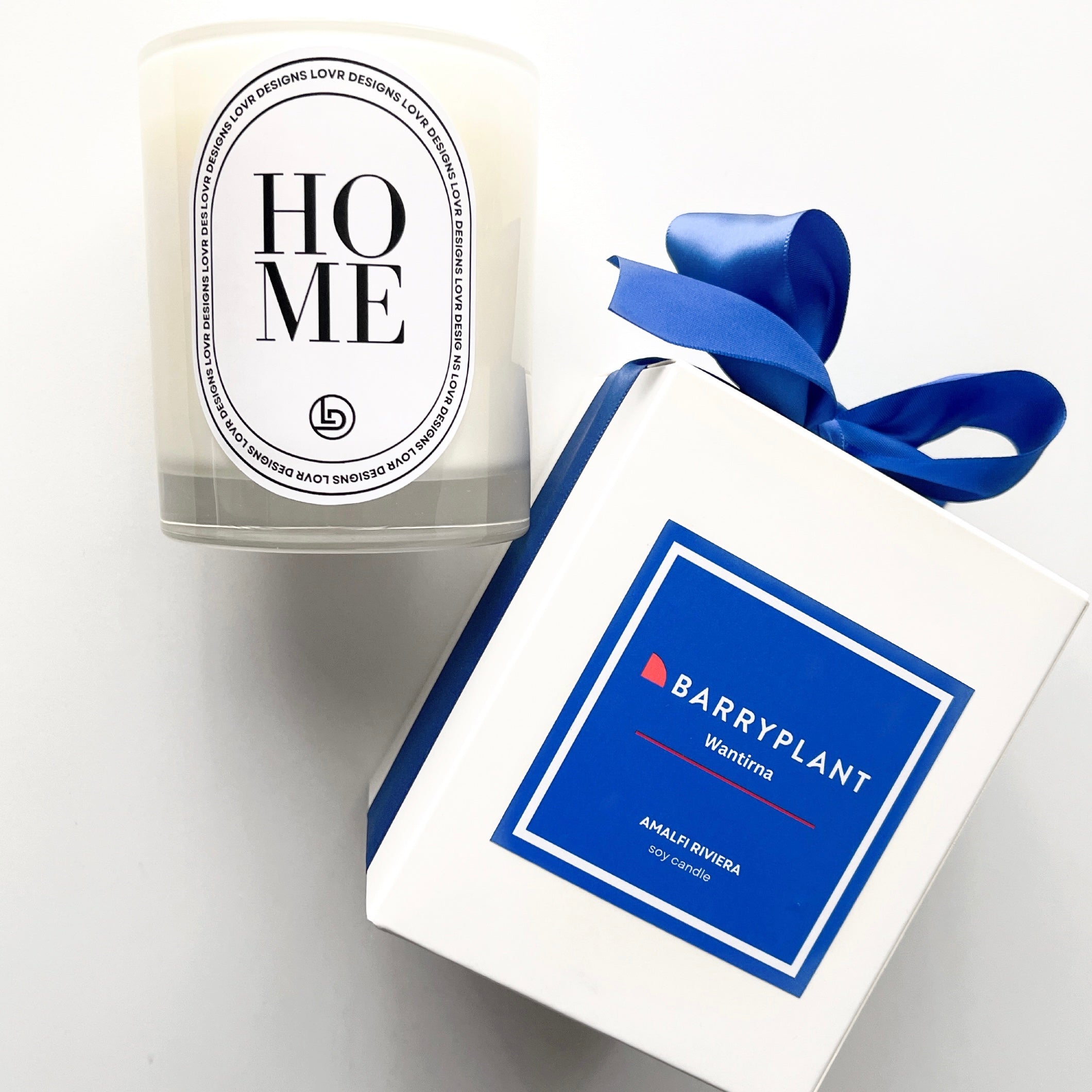Custom Branded Candle for Barry Plant Wantirna featuring Amalfi Riviera scent. A luxurious 300g soy candle by Lovr Designs, presented in white packaging with a blue ribbon.
