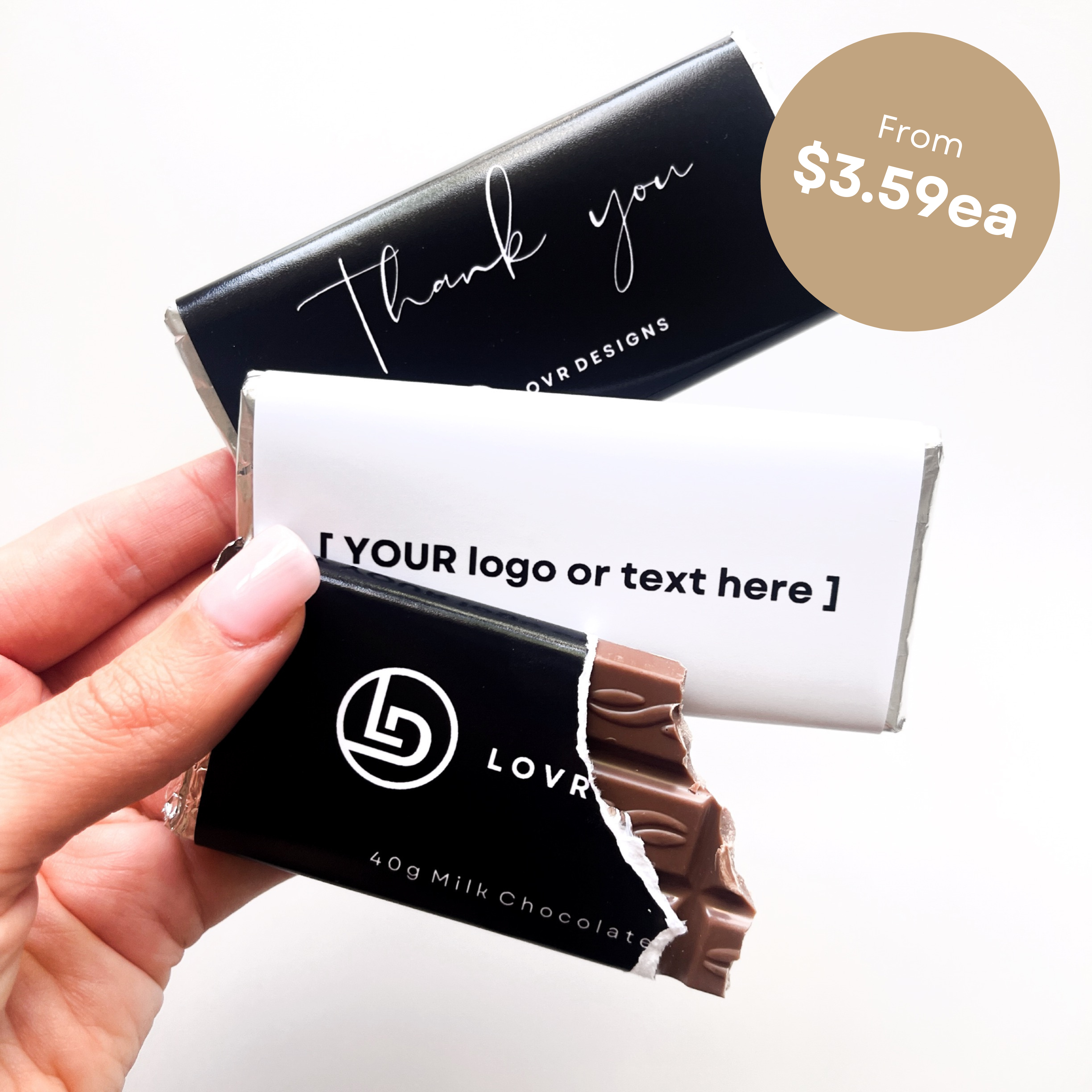 Custom chocolate bars with logo or thank-you message by Lovr Designs – premium 40g chocolates tailored for business branding or corporate gifting.