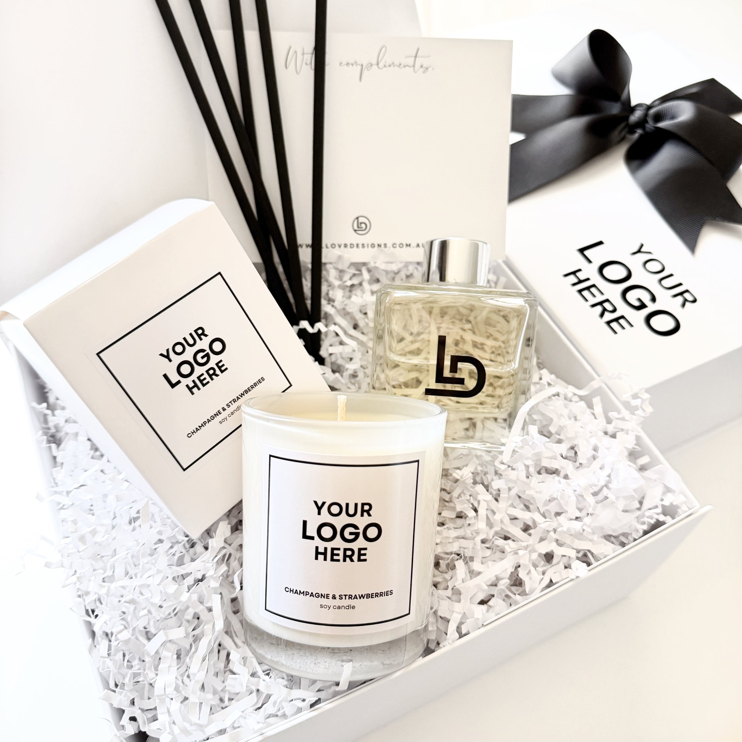 Business Branded Candle with Scented Reed Diffuser in Custom Branded Hamper Box