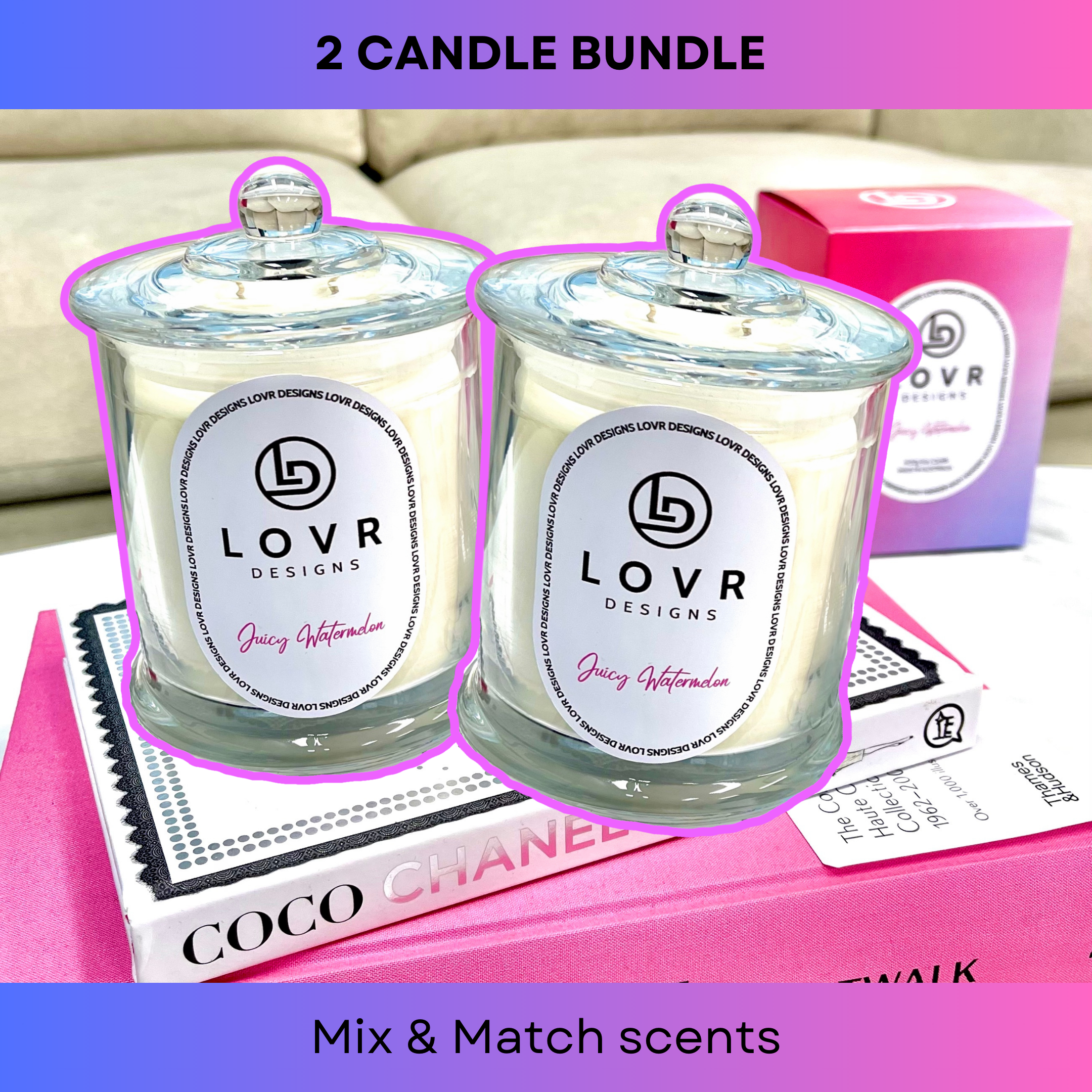 Two Lovr Designs 400g Signature Scented Soy Candles in a bundle offer – mix and match fragrances, perfect for gifting or personal indulgence.