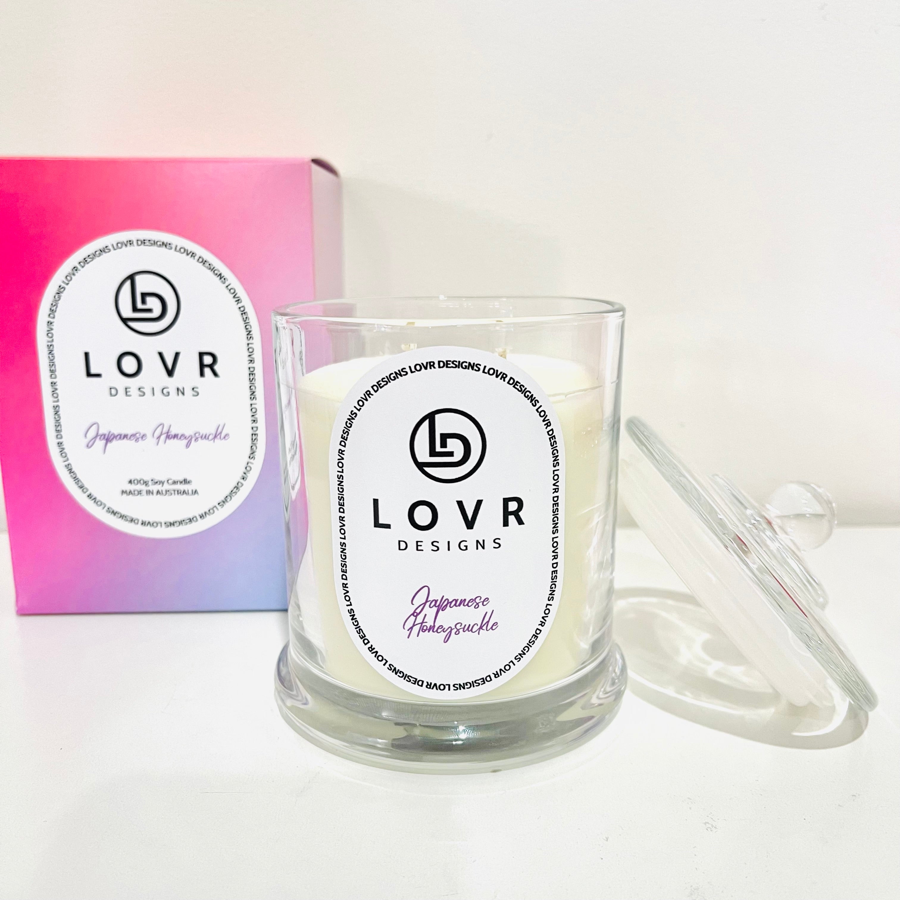 Japanese Honeysuckle Signature Candle by Lovr Designs, 400g soy candle with glass lid and gift box, hand-poured in Melbourne.